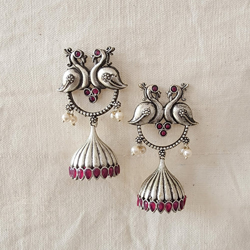 BALAMANI-Peacock With Pink Stone Jhumka German Oxidized Earrings