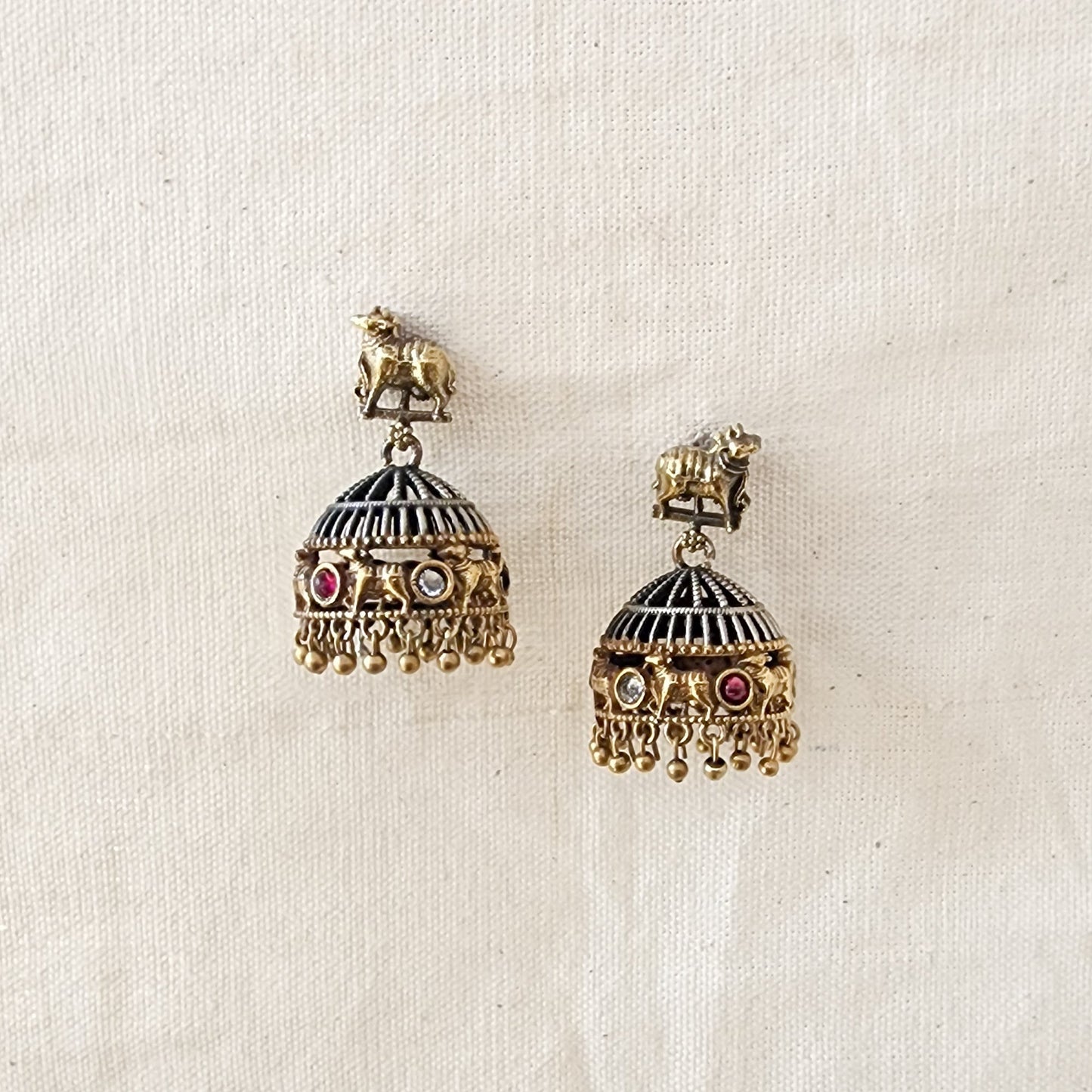 BALAMANI-Golden With Silver Pichwai Jhumka German Oxidized Earrings