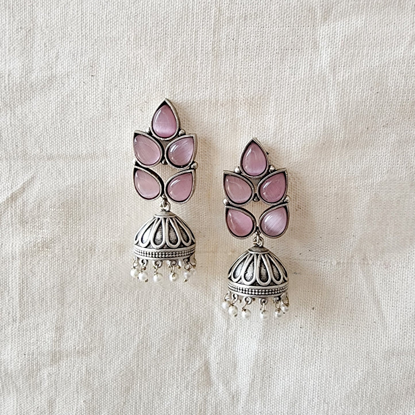 BALAMANI-Pink Stone Leaf Jhumka German Oxidized Earrings
