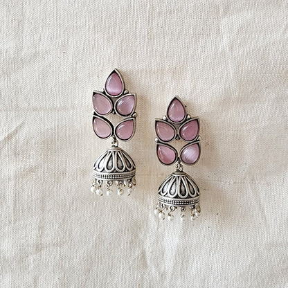 BALAMANI-Pink Stone Leaf Jhumka German Oxidized Earrings