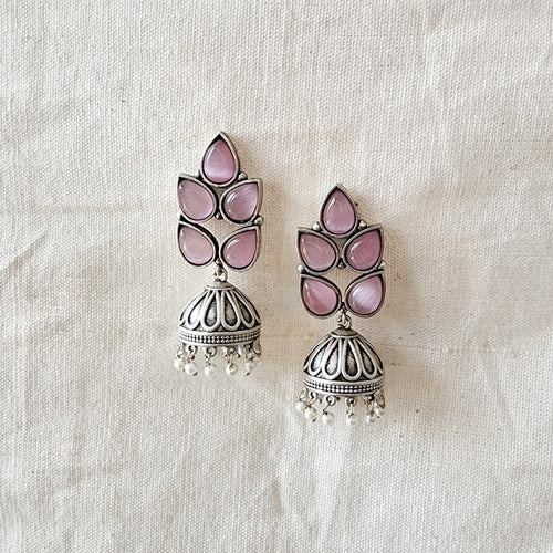 BALAMANI-Pink Stone Leaf Jhumka German Oxidized Earrings