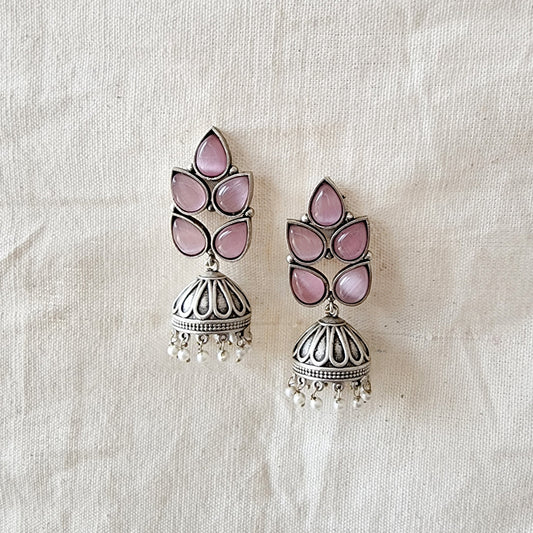 BALAMANI-Pink Stone Leaf Jhumka German Oxidized Earrings