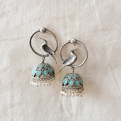 BALAMANI- Pihu Bird With Blue Stone Jhumka German Oxidized Earrings