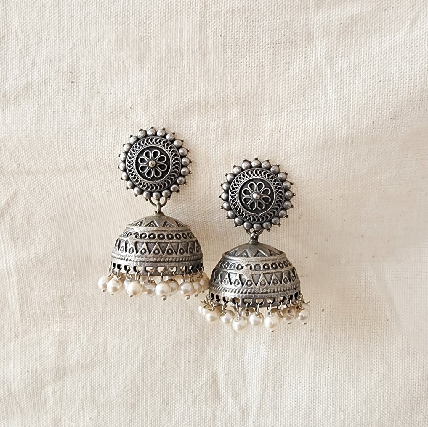 BALAMANI-Jhumka Earrings With Pearl Hanging German Oxidized