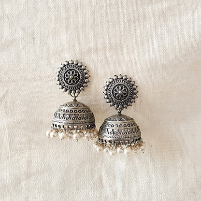 BALAMANI-Jhumka Earrings With Pearl Hanging German Oxidized