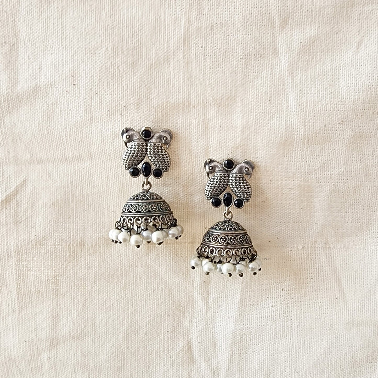 BALAMANI-Black Stone Bird Silver Jhumka German Oxidized Earrings