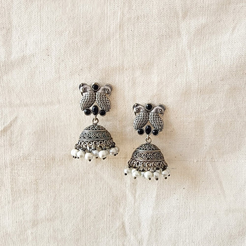BALAMANI-Black Stone Bird Silver Jhumka German Oxidized Earrings
