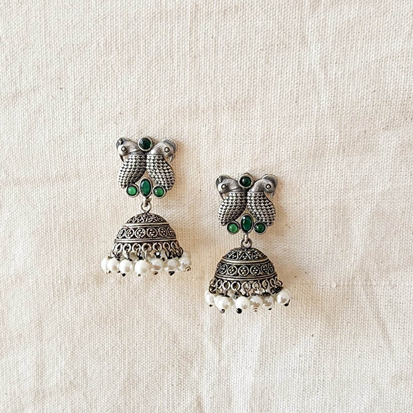 BALAMANI- Green Stone Bird Silver Jhumka German Oxidized Earrings
