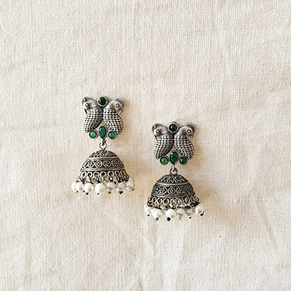 BALAMANI- Green Stone Bird Silver Jhumka German Oxidized Earrings
