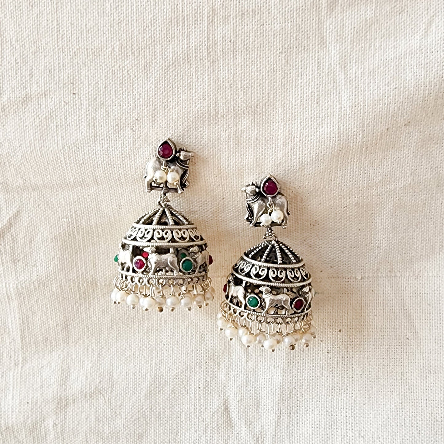 BALAMANI-Pink Stone With Pichwai Jhumka German Oxidized Earrings