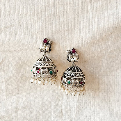 BALAMANI-Pink Stone With Pichwai Jhumka German Oxidized Earrings