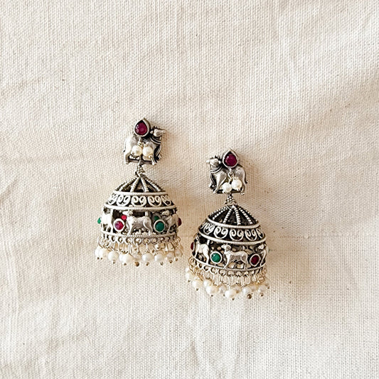BALAMANI-Pink Stone With Pichwai Jhumka German Oxidized Earrings