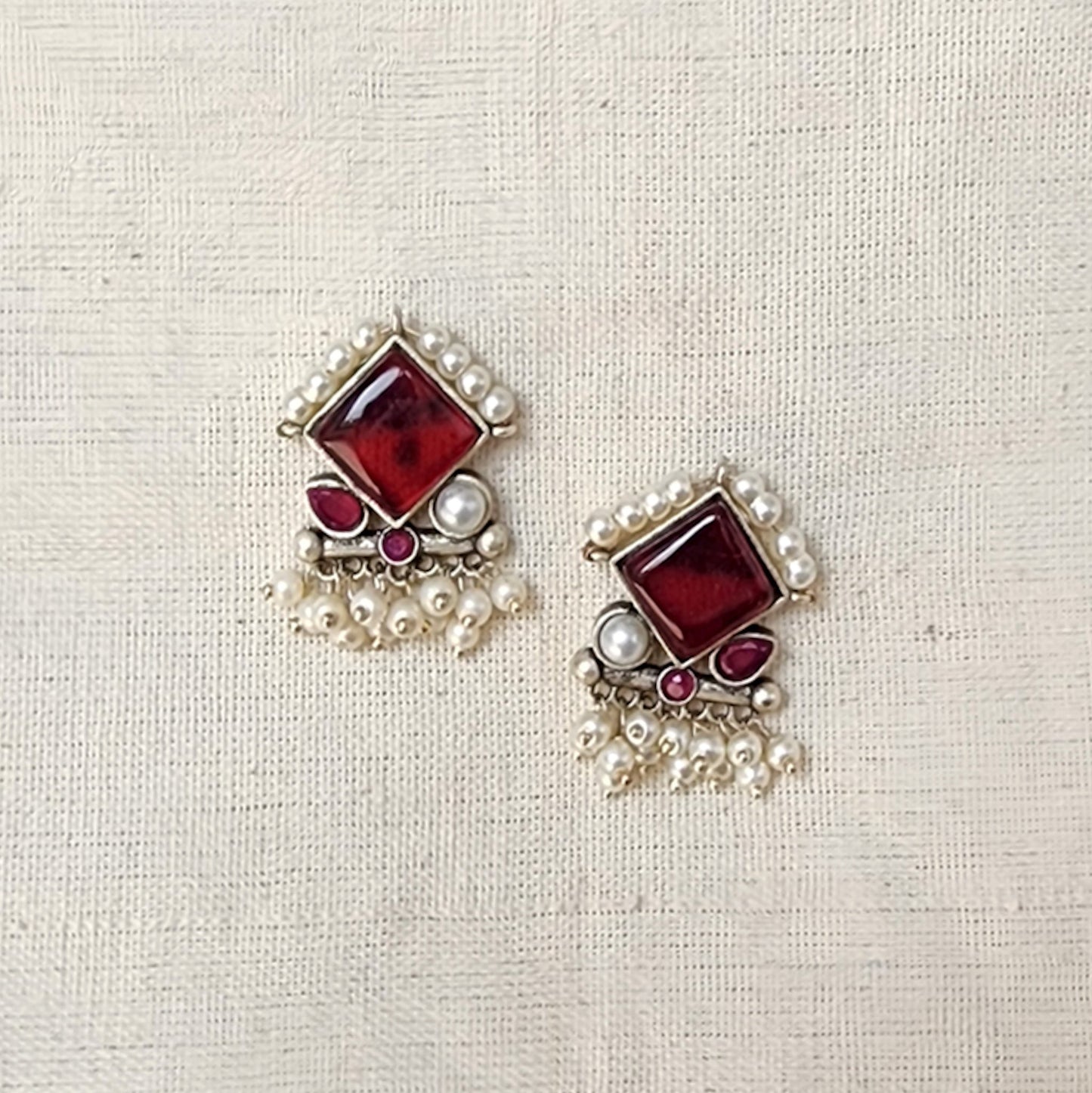 BALAMANI-Maroon Stone With Pearls German Oxidized Earrings