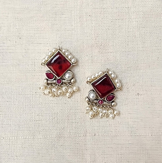 BALAMANI-Maroon Stone With Pearls German Oxidized Earrings