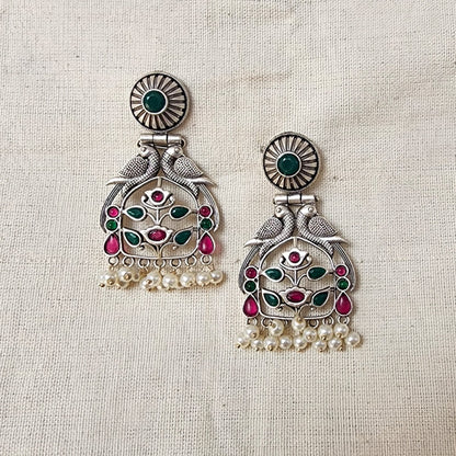 BALAMANI-Green And Pink Stone German Oxidized Earring