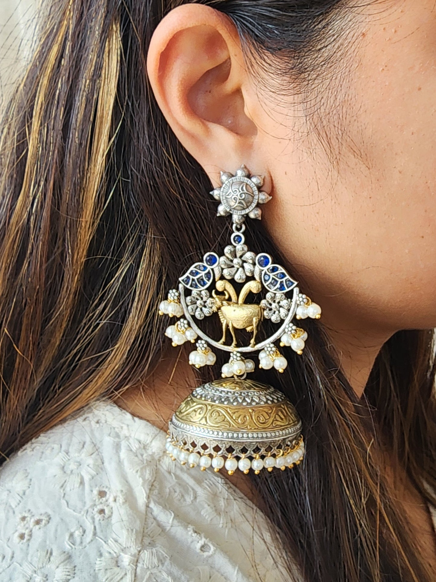 BALAMANI- Golden With Silver Blue Stone Pichwai Heavy Jhumka German Oxidized Earrings