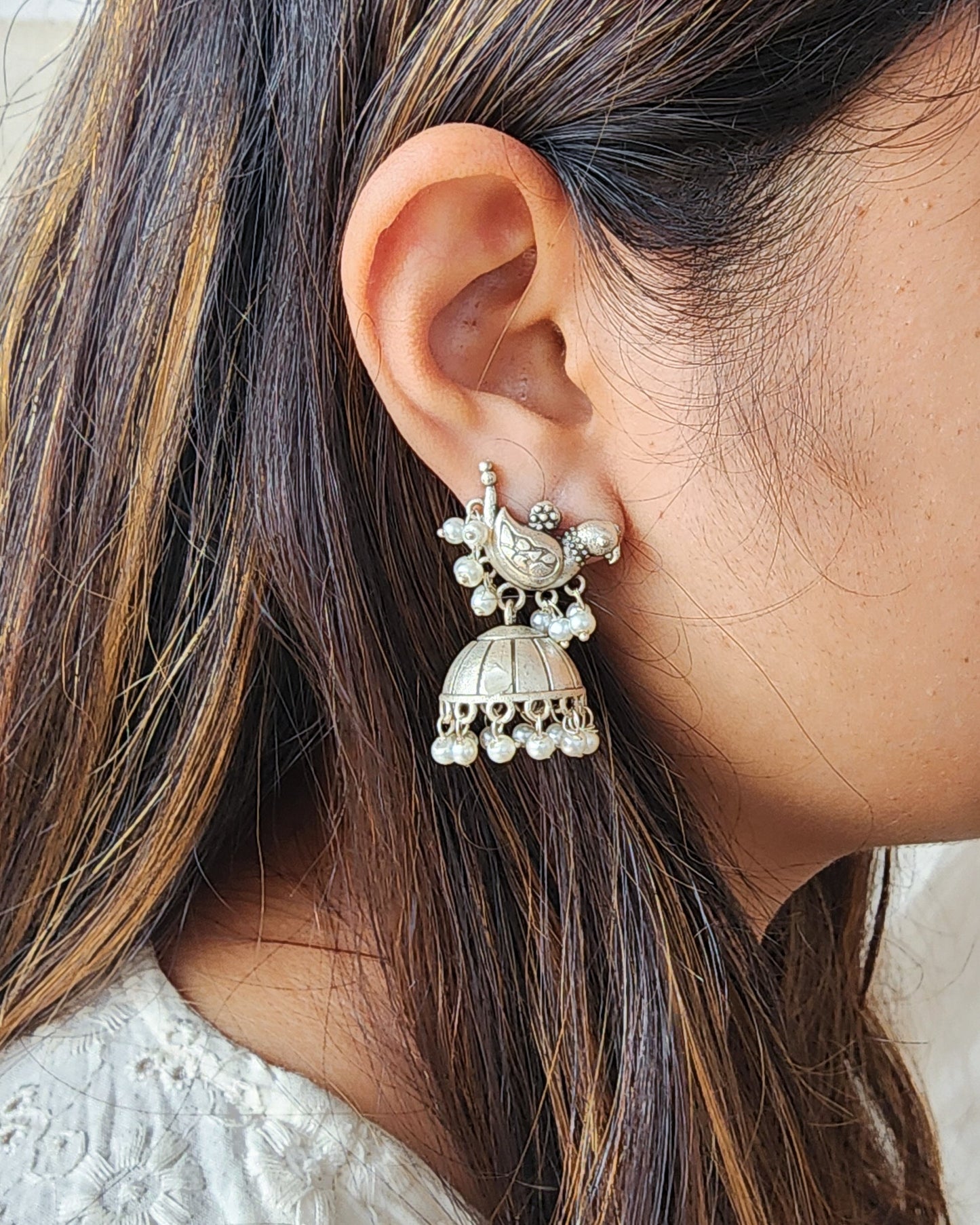 BALAMANI- The Dangling Pearl Parrots Jhumka German Oxidized Earrings