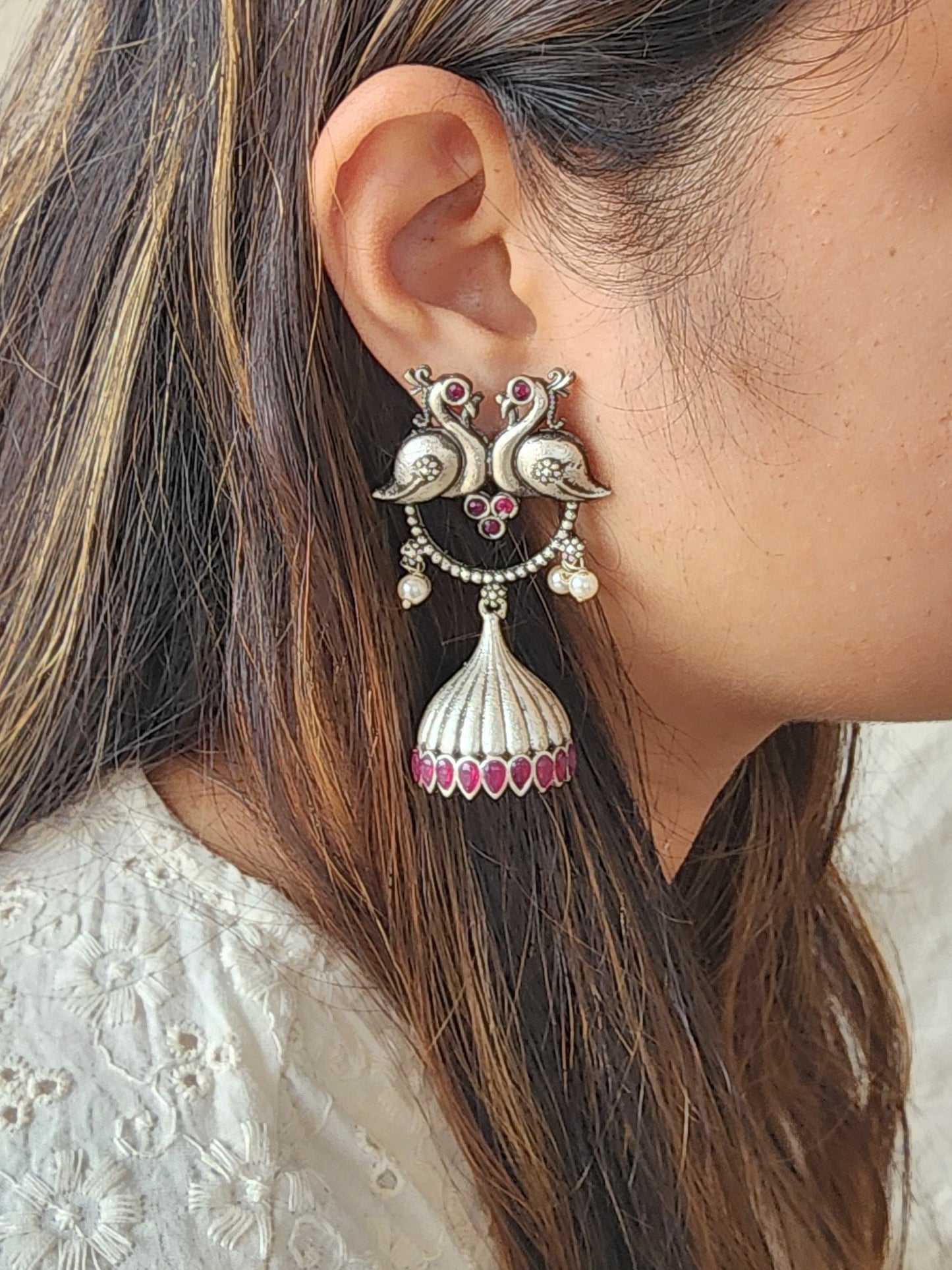 BALAMANI-Peacock With Pink Stone Jhumka German Oxidized Earrings