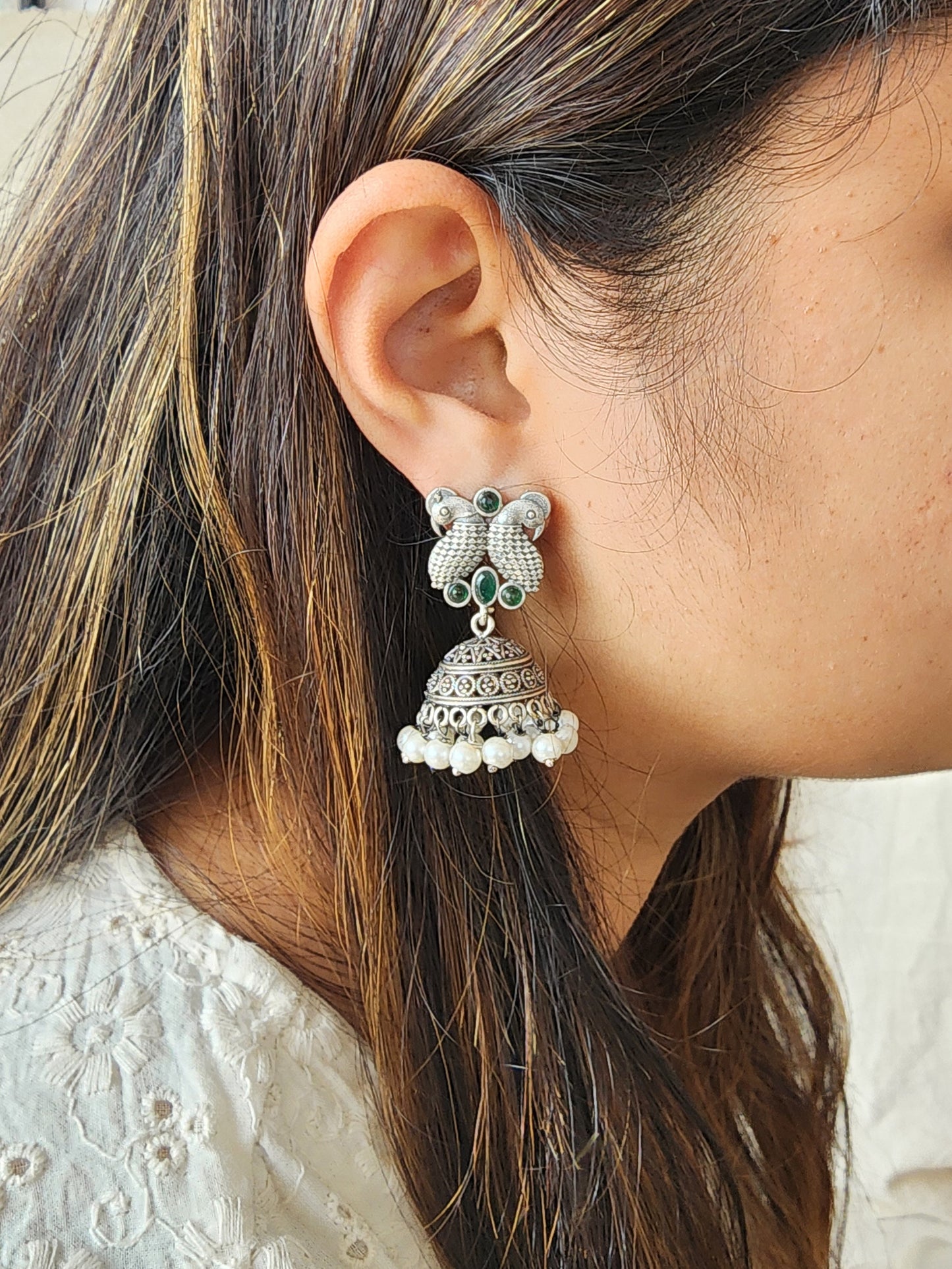 BALAMANI- Green Stone Bird Silver Jhumka German Oxidized Earrings