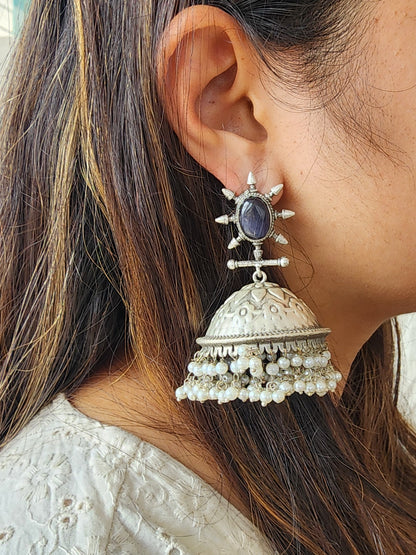 BALAMANI-Violet Stone Heavy Jhumka German Oxidized Earrings