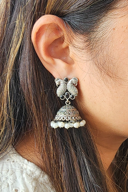 BALAMANI-Black Stone Bird Silver Jhumka German Oxidized Earrings