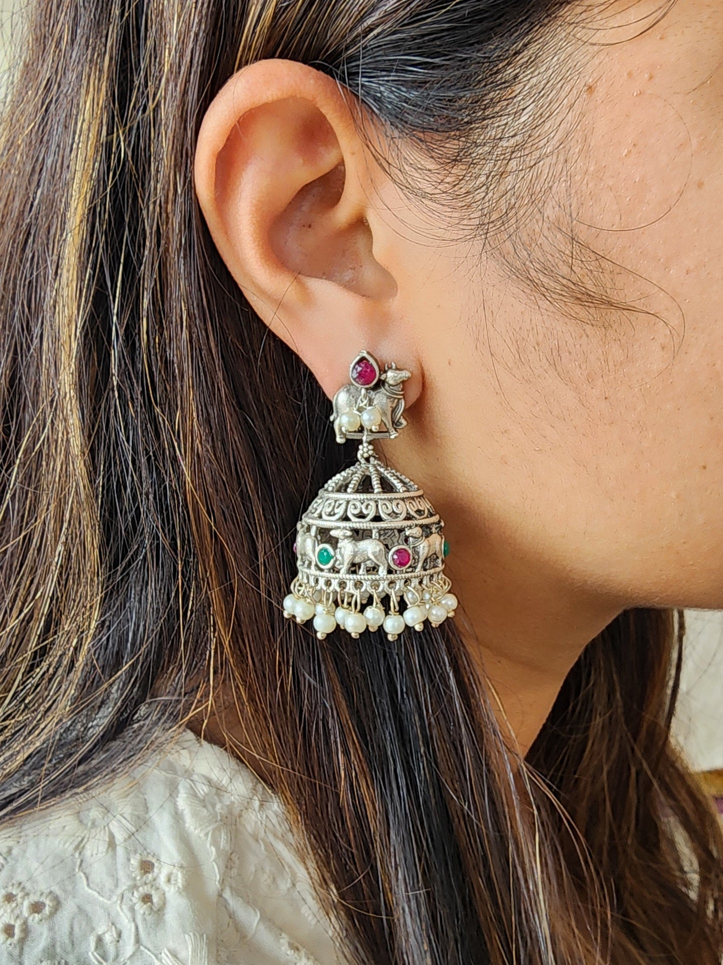 BALAMANI-Pink Stone With Pichwai Jhumka German Oxidized Earrings