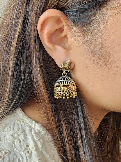 BALAMANI-Golden With Silver Pichwai Jhumka German Oxidized Earrings