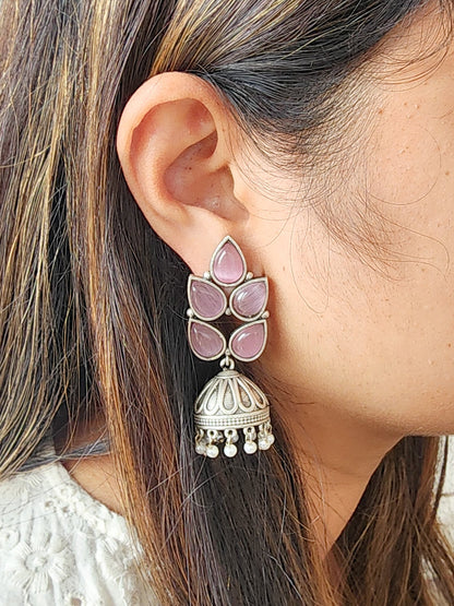 BALAMANI-Pink Stone Leaf Jhumka German Oxidized Earrings