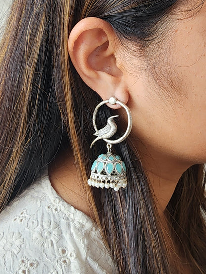 BALAMANI- Pihu Bird With Blue Stone Jhumka German Oxidized Earrings