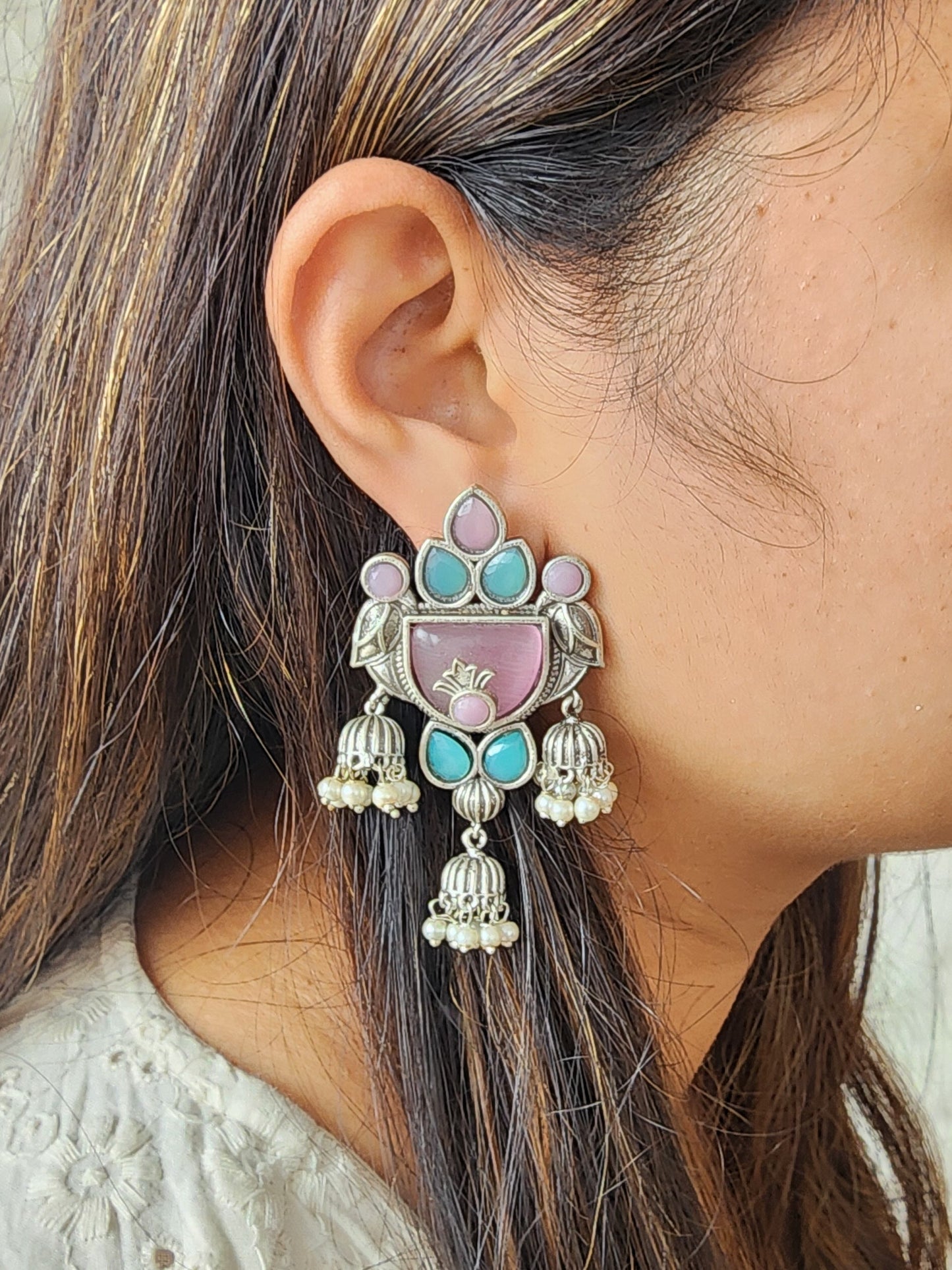 BALAMANI-Pink And Blue Stone German Oxidized Earrings