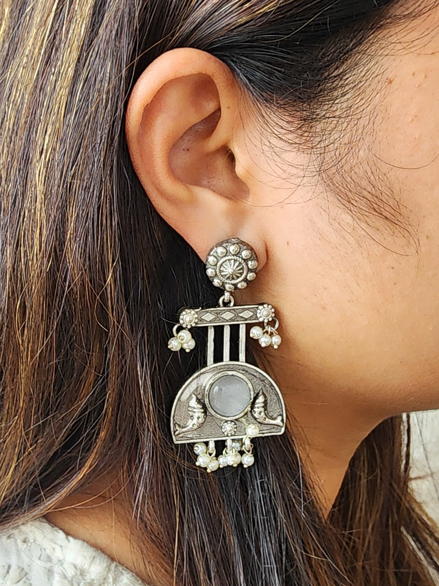 BALAMANI-Grey Stone Silver German Oxidized Earring