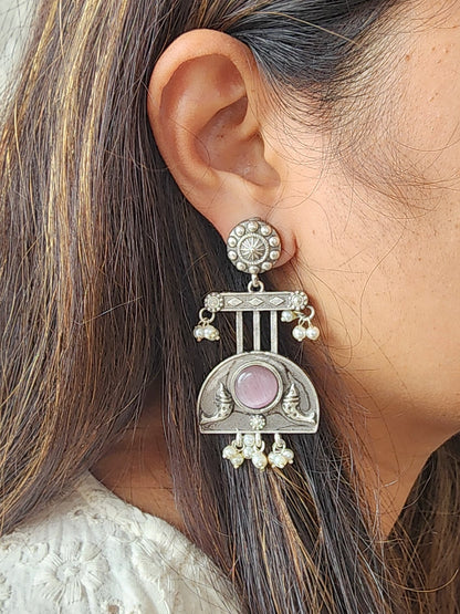 BALAMANI-Pink Stone Silver German Oxidized Earring