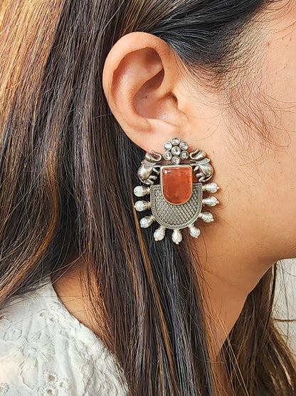 BALAMANI- Orange Stone Silver Stud German Oxidized Earrings