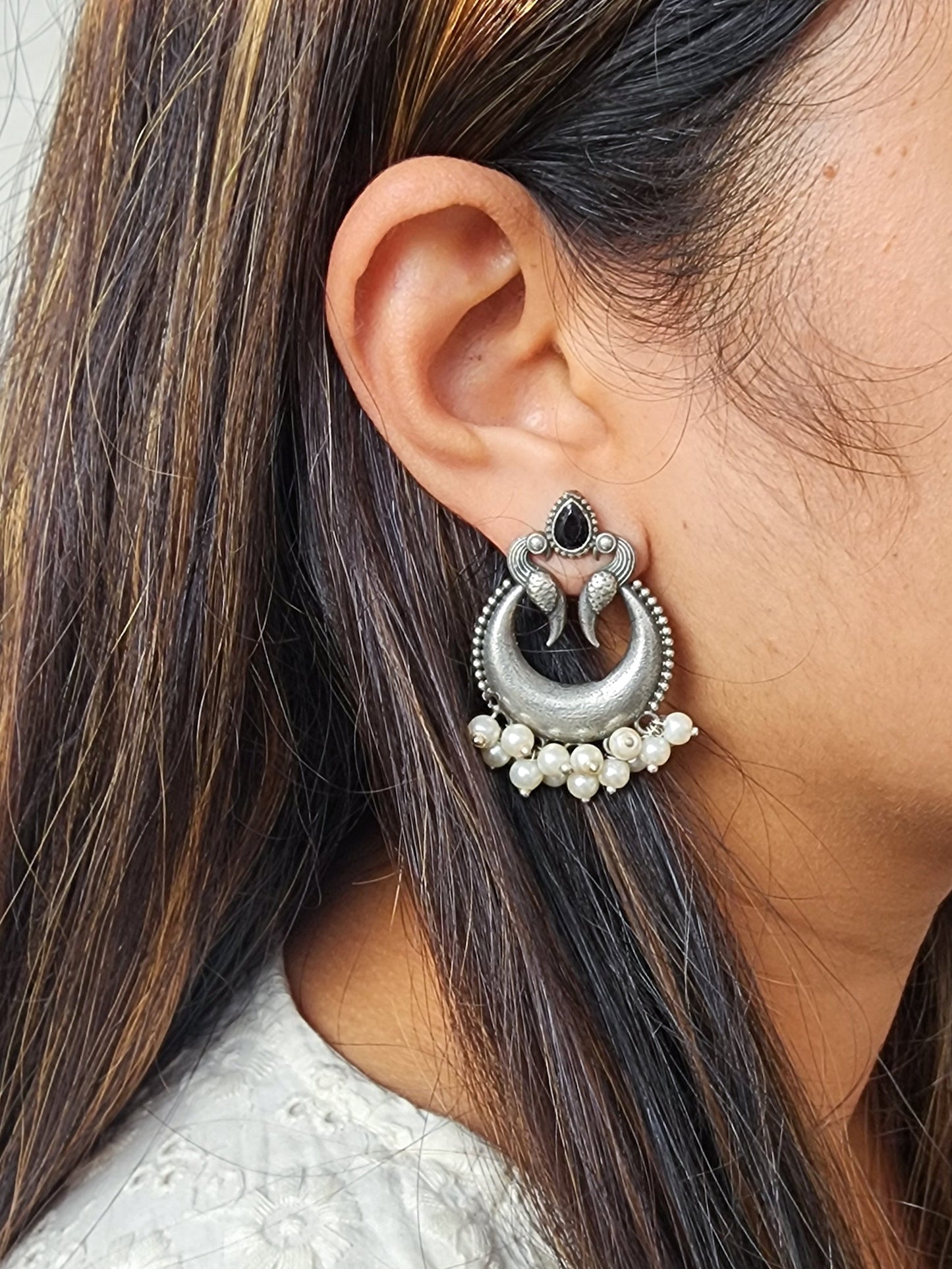 BALAMANI-Black Stone Chandbali With Pearls German Oxidized Earrings