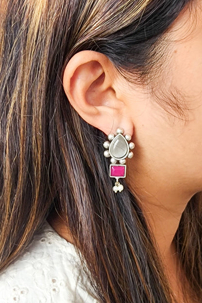 BALAMANI-Grey And Pink Stone German Oxidized Earring