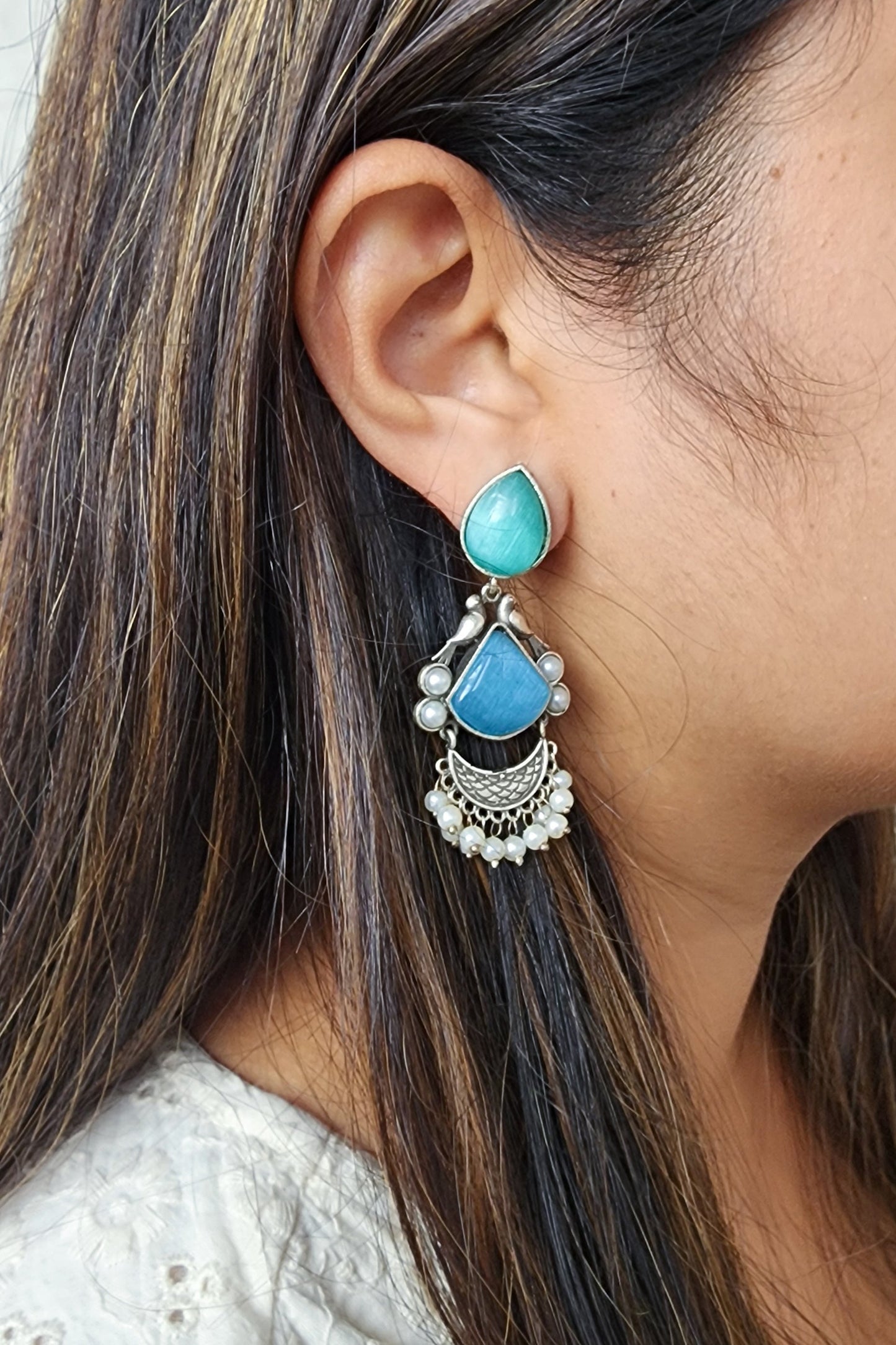 BALAMANI-Green And Blue Stone German Oxidized Earring
