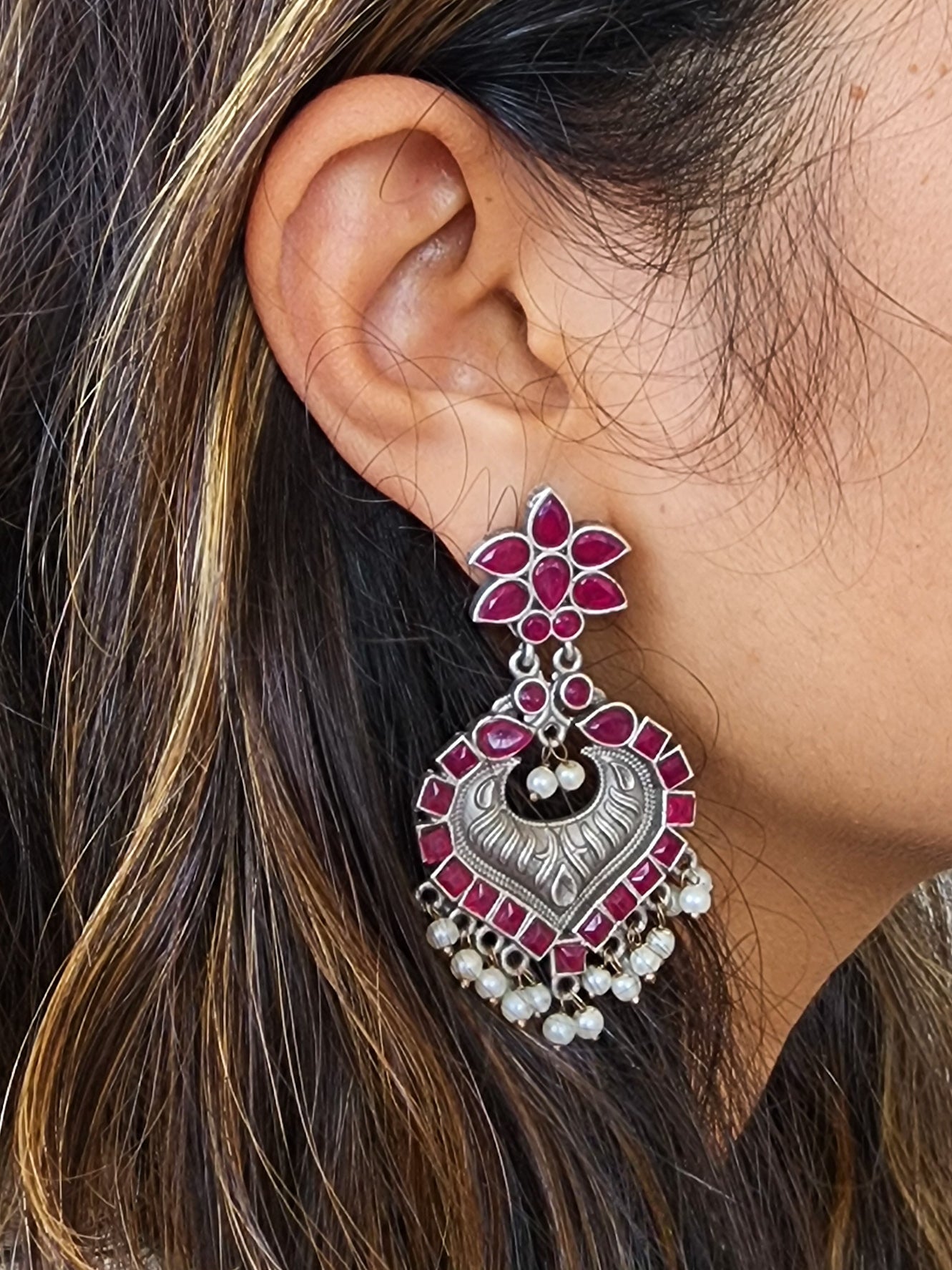 BALAMANI-Pink Stone German Oxidized Earring