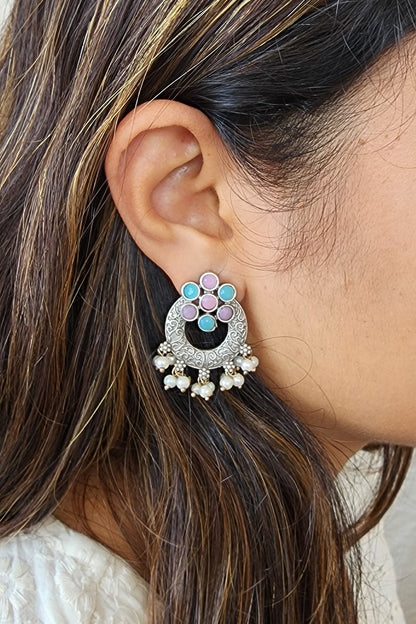 BALAMANI-Blue And Pink Stone Chandbali With Pearls German Oxidized Earrings