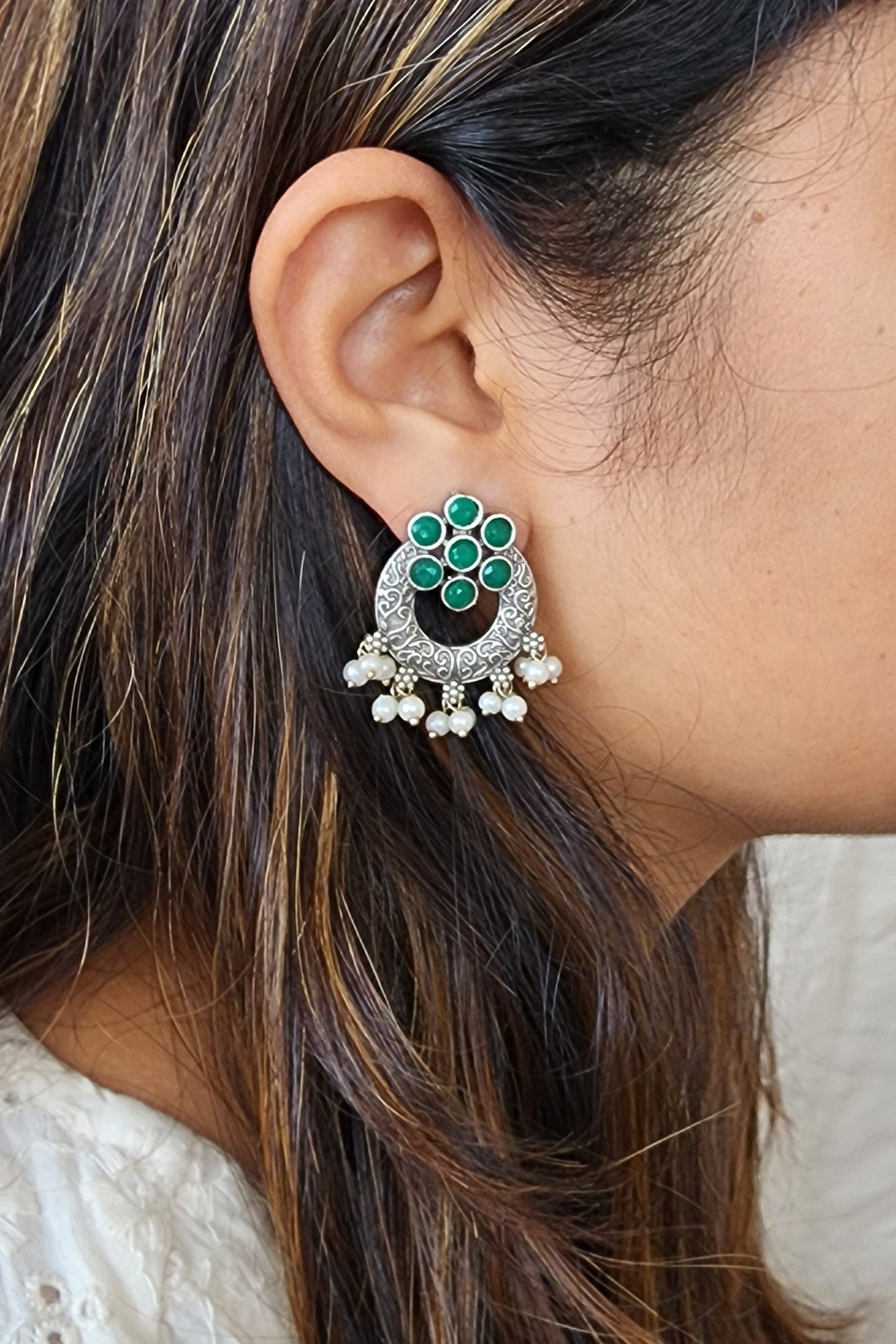 BALAMANI-Green Stone Chandbali With Pearls German Oxidized Earrings