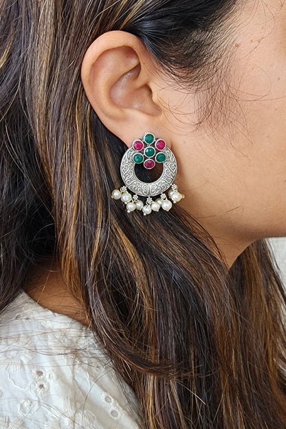 BALAMANI-Green And Pink Stone Chandbali With Pearls German Oxidized Earrings