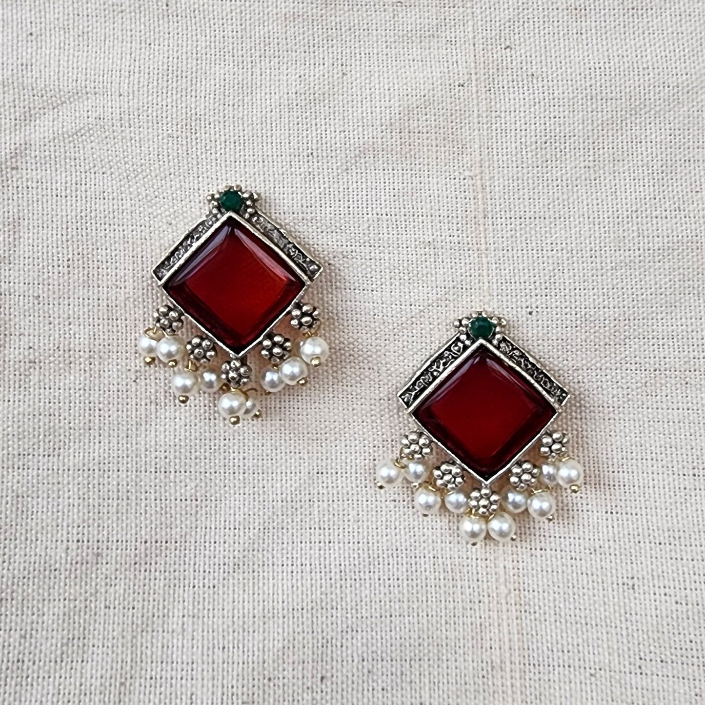 BALAMANI-Maroon And Green Stone With Pearls German Oxidized Earrings