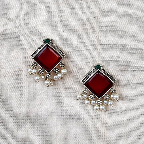 BALAMANI-Maroon And Green Stone With Pearls German Oxidized Earrings