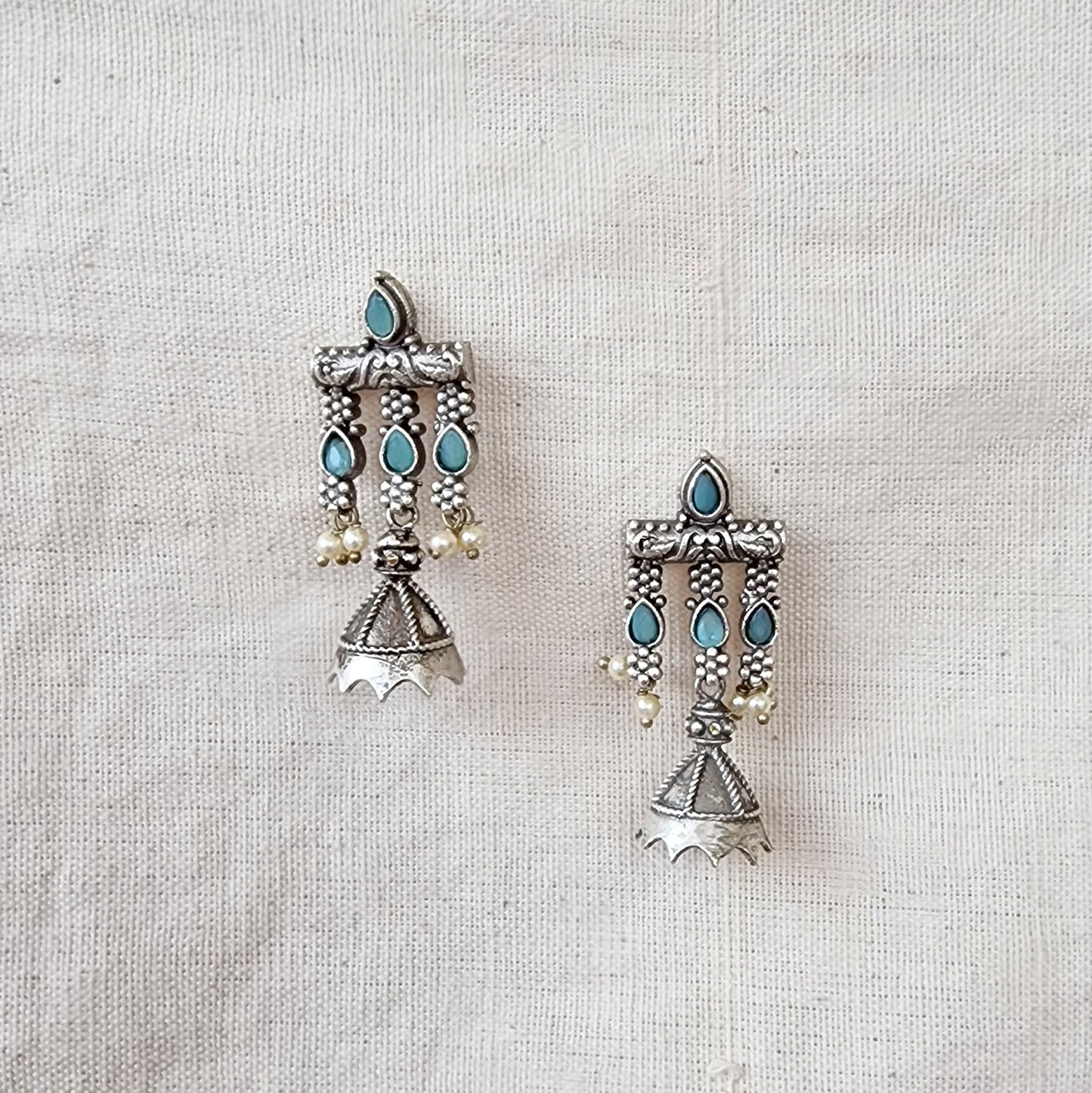 BALAMANI-Sky Blue Stone Finish Floral Motifs German Oxidized Earring