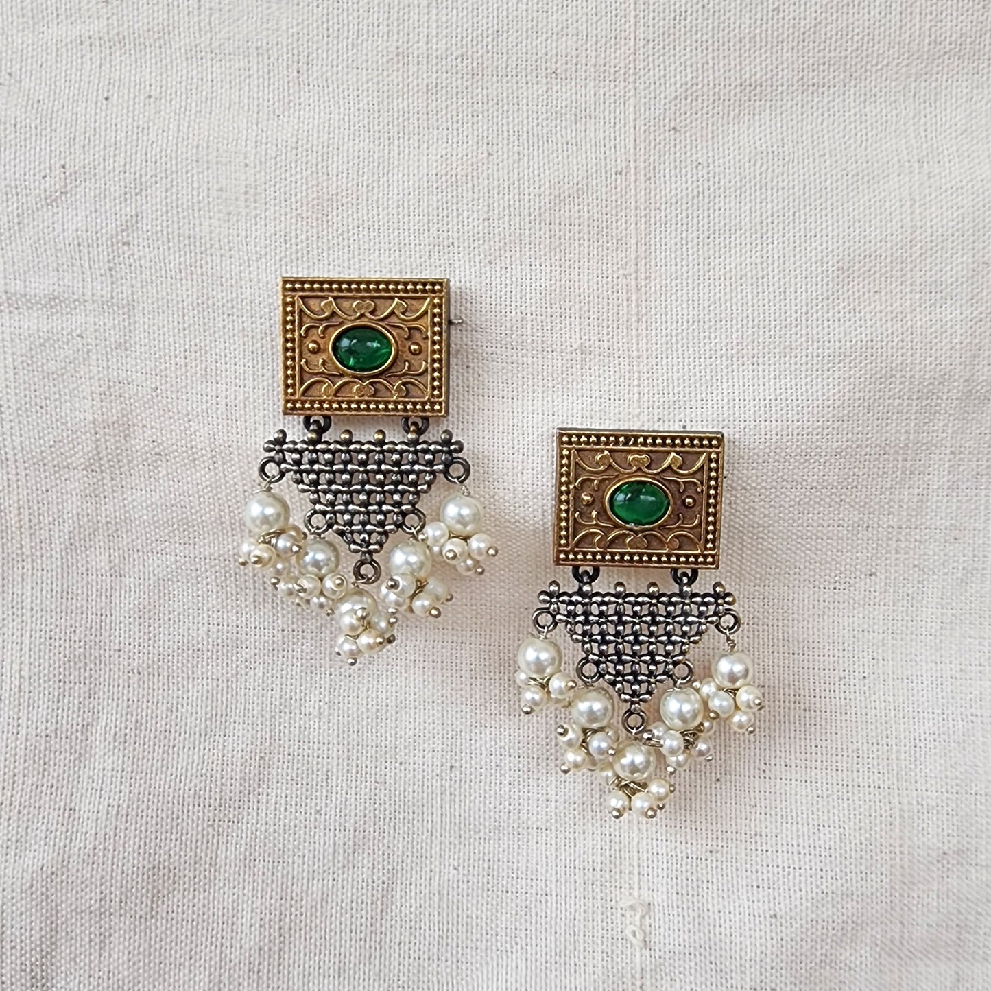 BALAMANI-Green Stone Geometry With Pearls German Oxidised Earrings