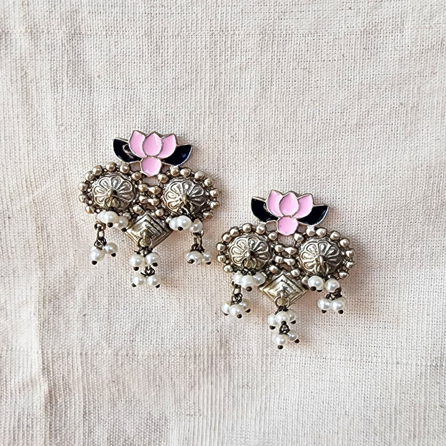 BALAMANI-Pink And Black Lotus Design With Pearl German Oxidized Earring