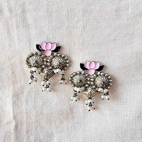BALAMANI-Pink And Black Lotus Design With Pearl German Oxidized Earring