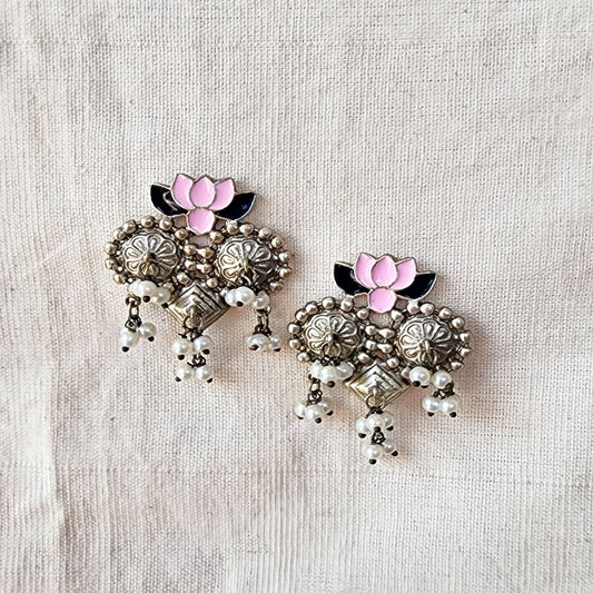 BALAMANI-Pink And Black Lotus Design With Pearl German Oxidized Earring