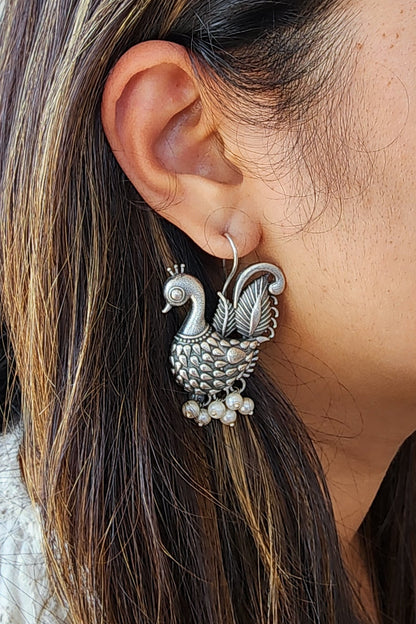 BALAMANI-Silver Peacock German Oxidized Drop Earring