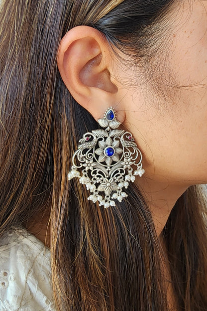 BALAMANI-Blue Stone Intricate Design German Oxidized Earring