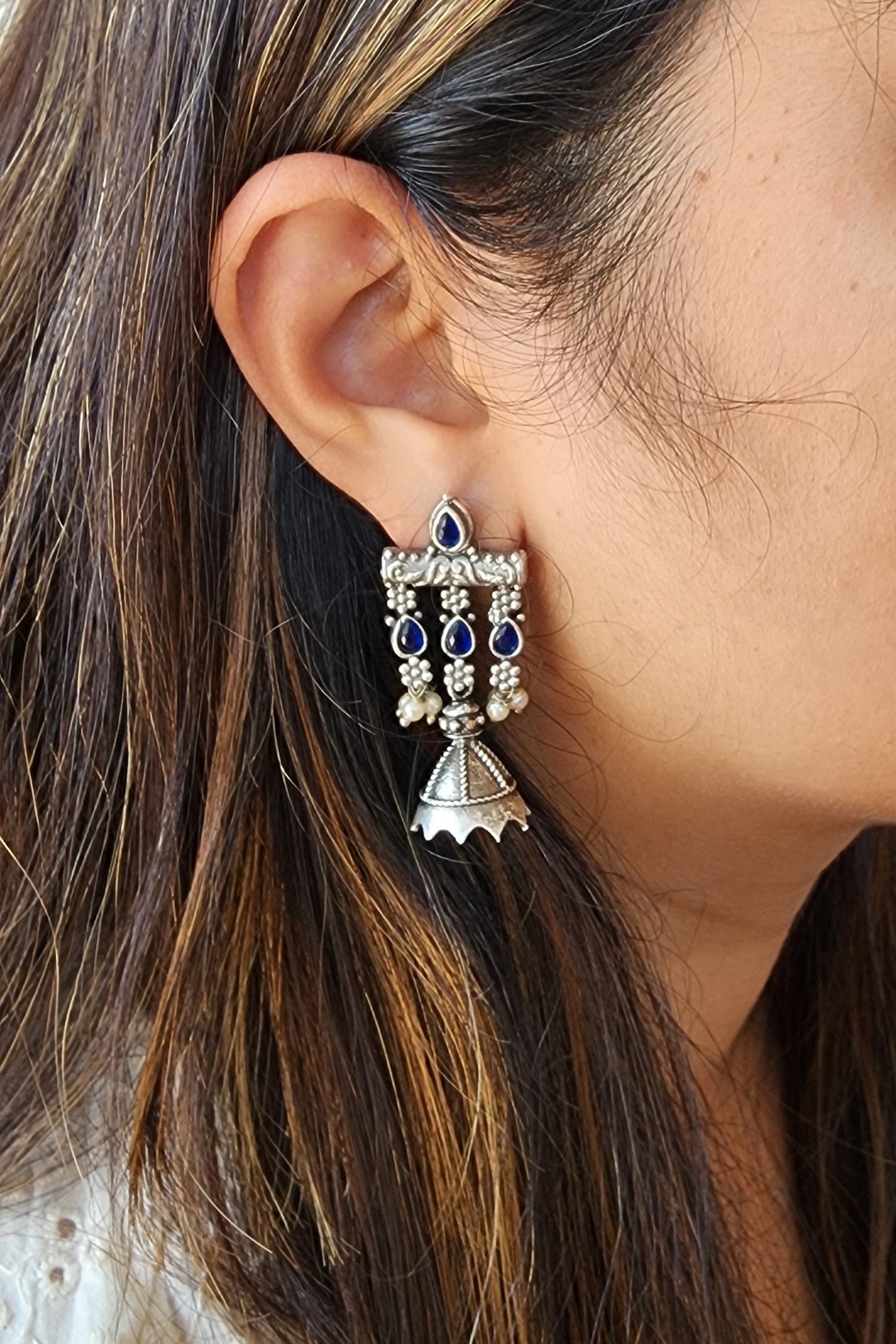 BALAMANI-Blue Stone Finish Floral Motifs German Oxidized Earring